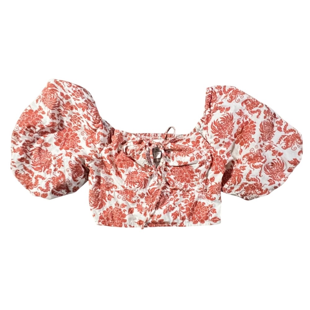 Japna Floral Puff Sleeve Crop Top Womens Medium Orange White Smocked Toile Tie